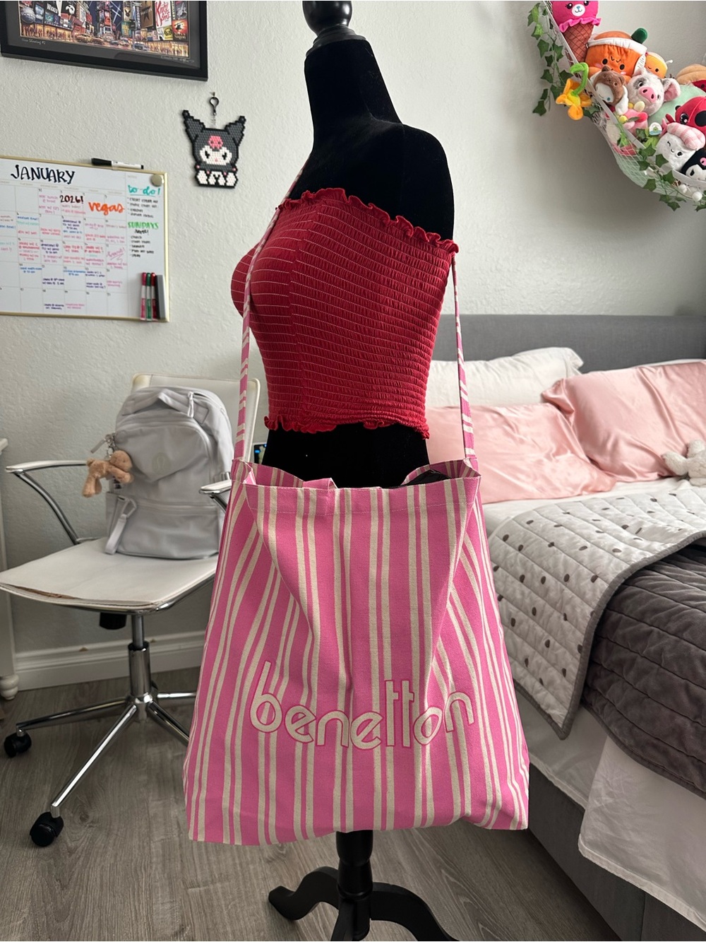 United Colors Of Benetton Pink & White Striped Canvas Tote